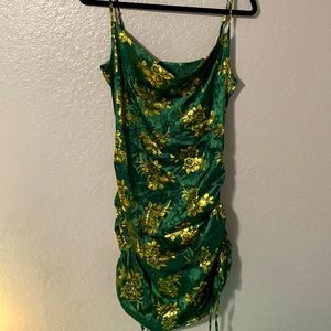 Mid length dress, emerald green and gold, no stretch, Never Worn